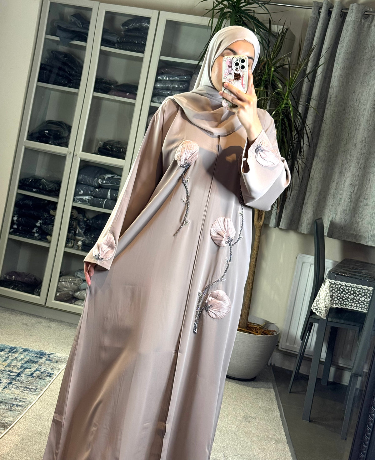 Magnolia Bloom Abaya — Warm Taupe