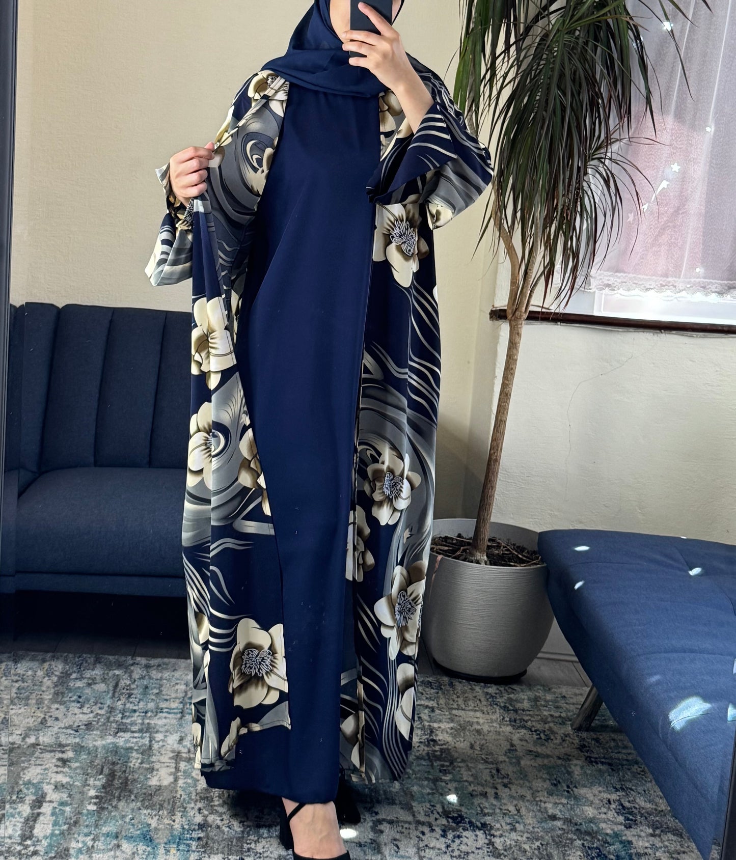 Navy Floral Print Open Abaya Set with Inner, Scarf & Belt