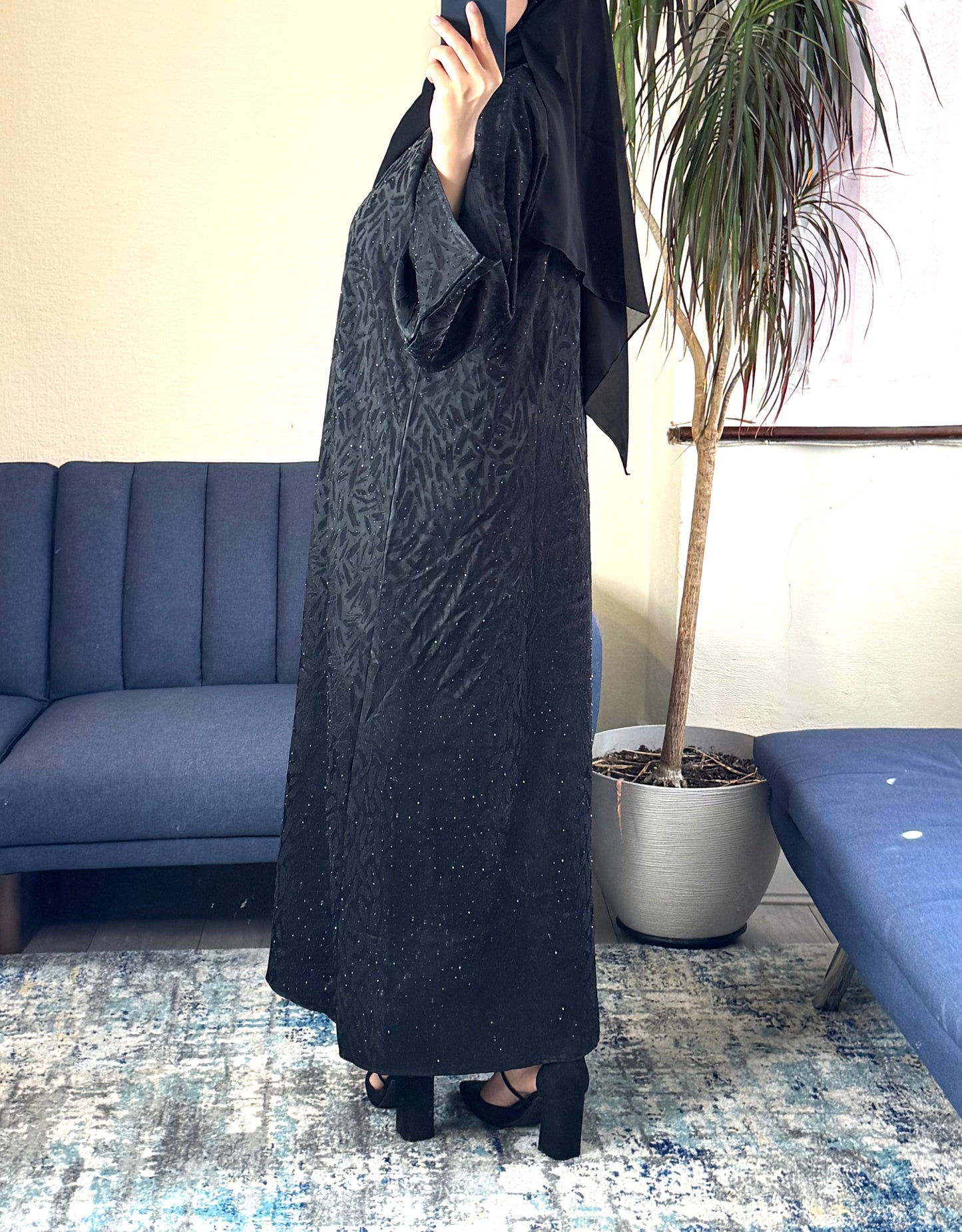 Black Jacquard Shimmer Open Abaya