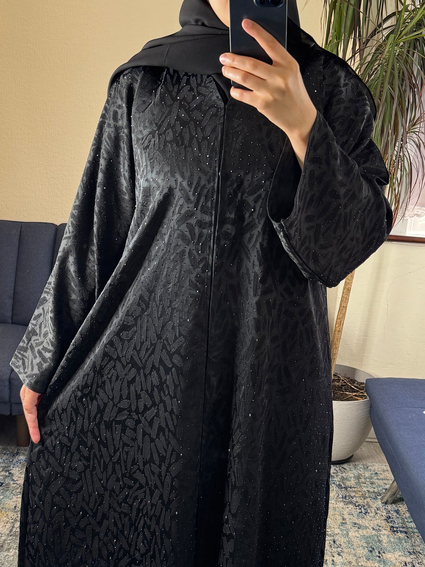 Black Jacquard Shimmer Open Abaya