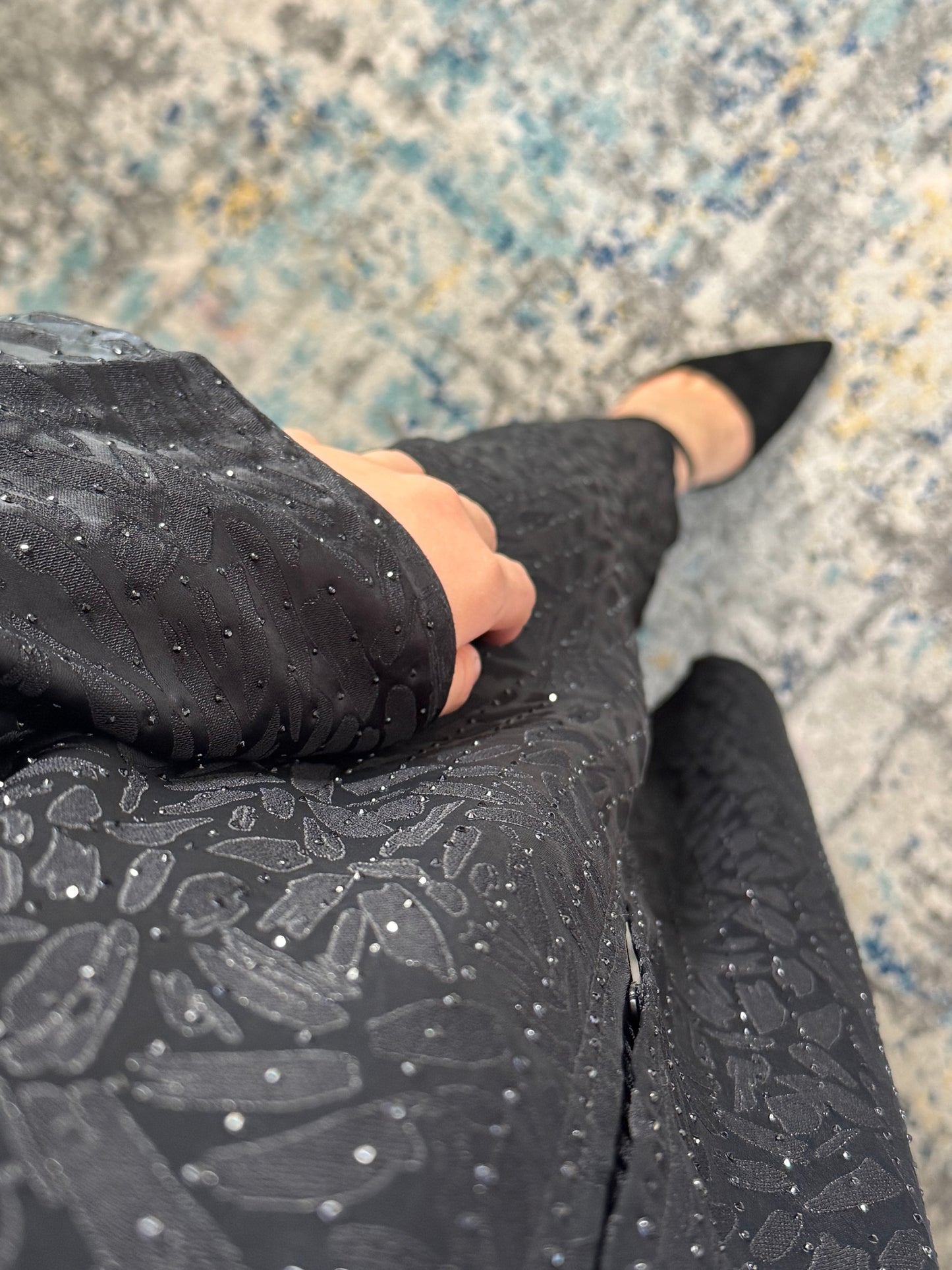 Black Jacquard Shimmer Open Abaya