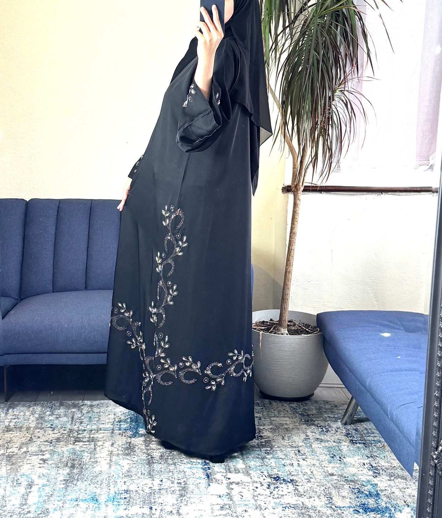 Black Embellished Abaya with Matching Scarf