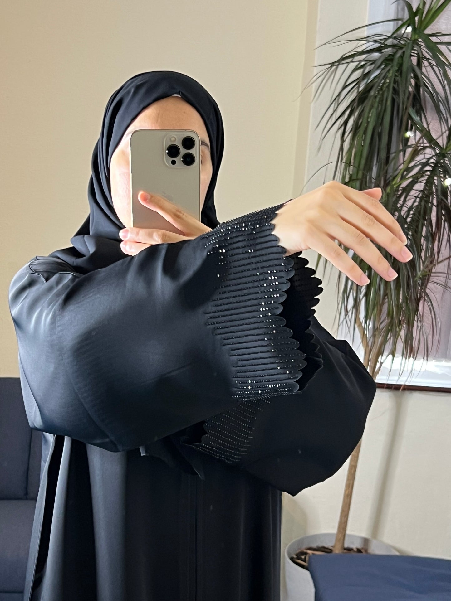 Black Beaded Abaya with Scalloped Hem