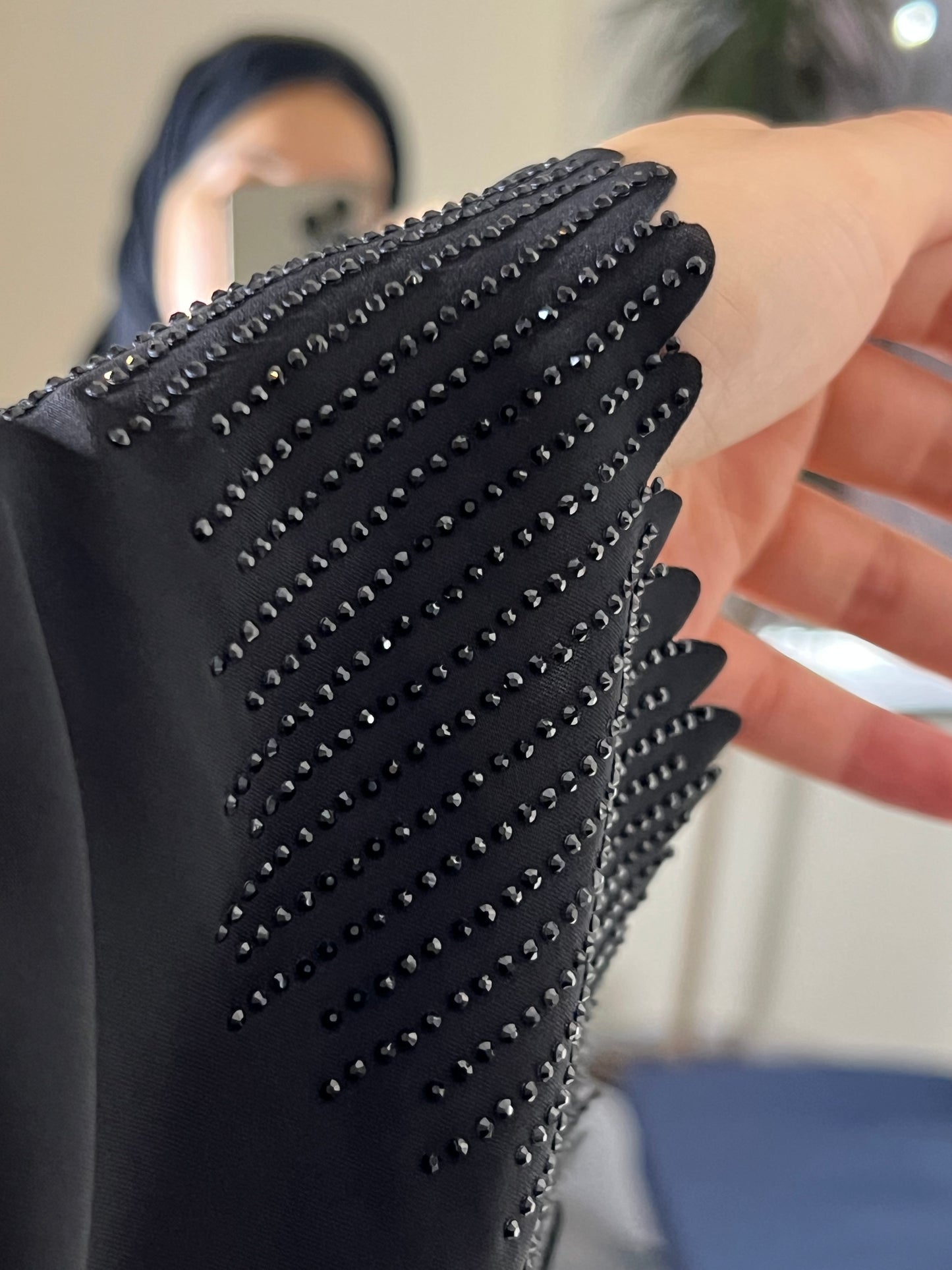 Black Beaded Abaya with Scalloped Hem