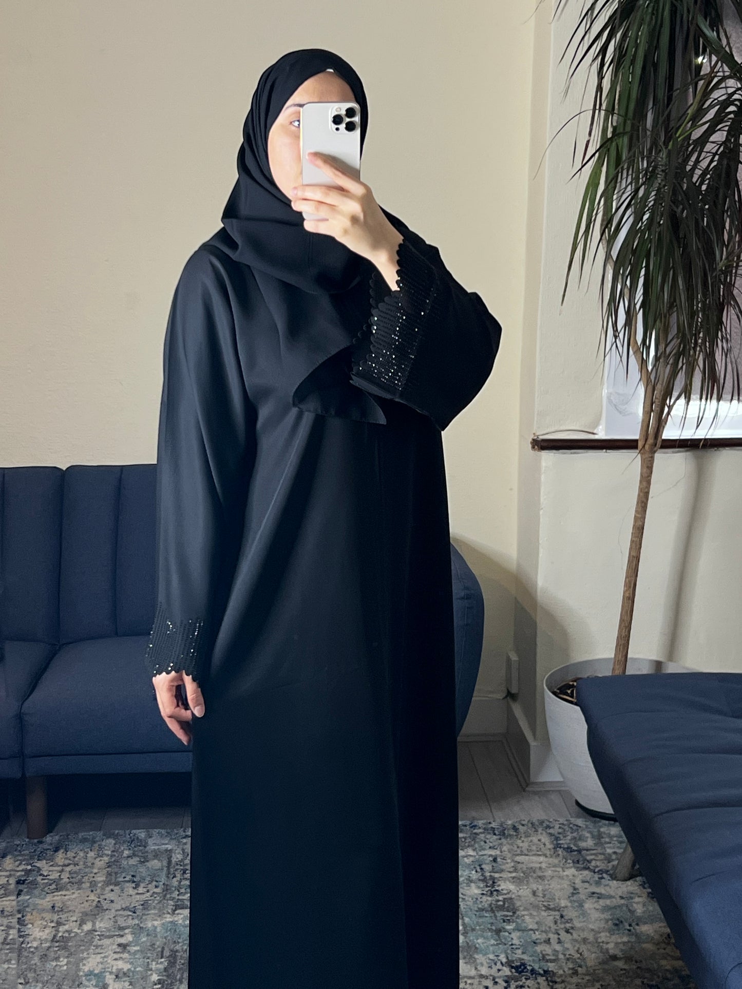 Black Beaded Abaya with Scalloped Hem