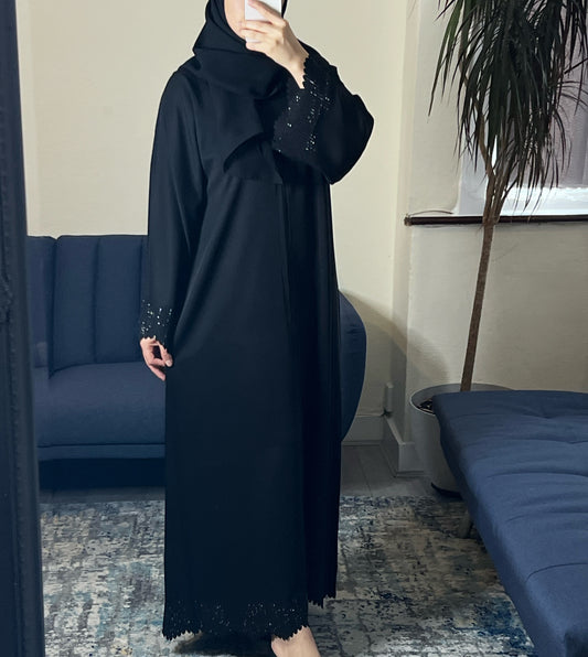 Black Beaded Abaya with Scalloped Hem
