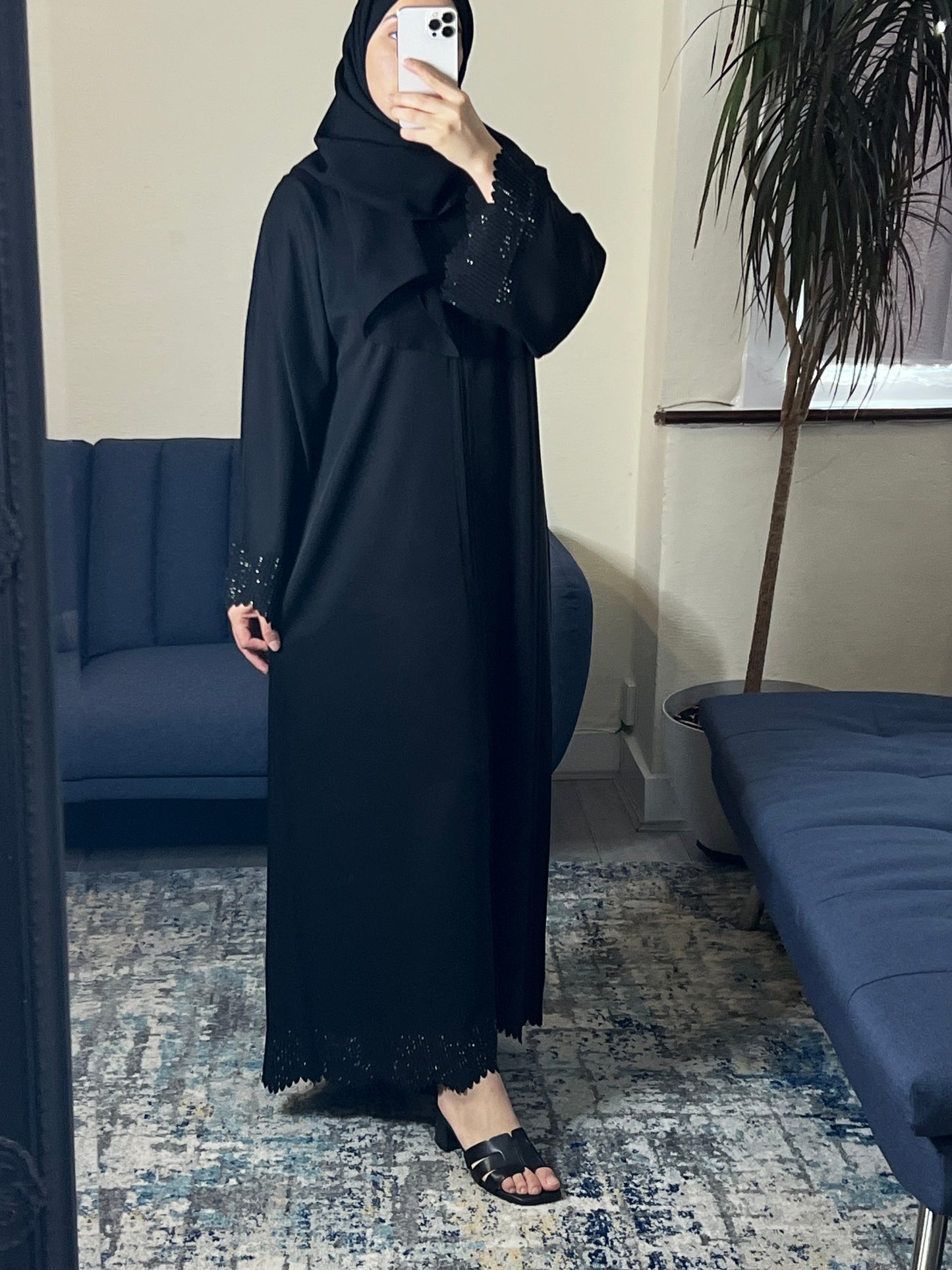 Black Beaded Abaya with Scalloped Hem
