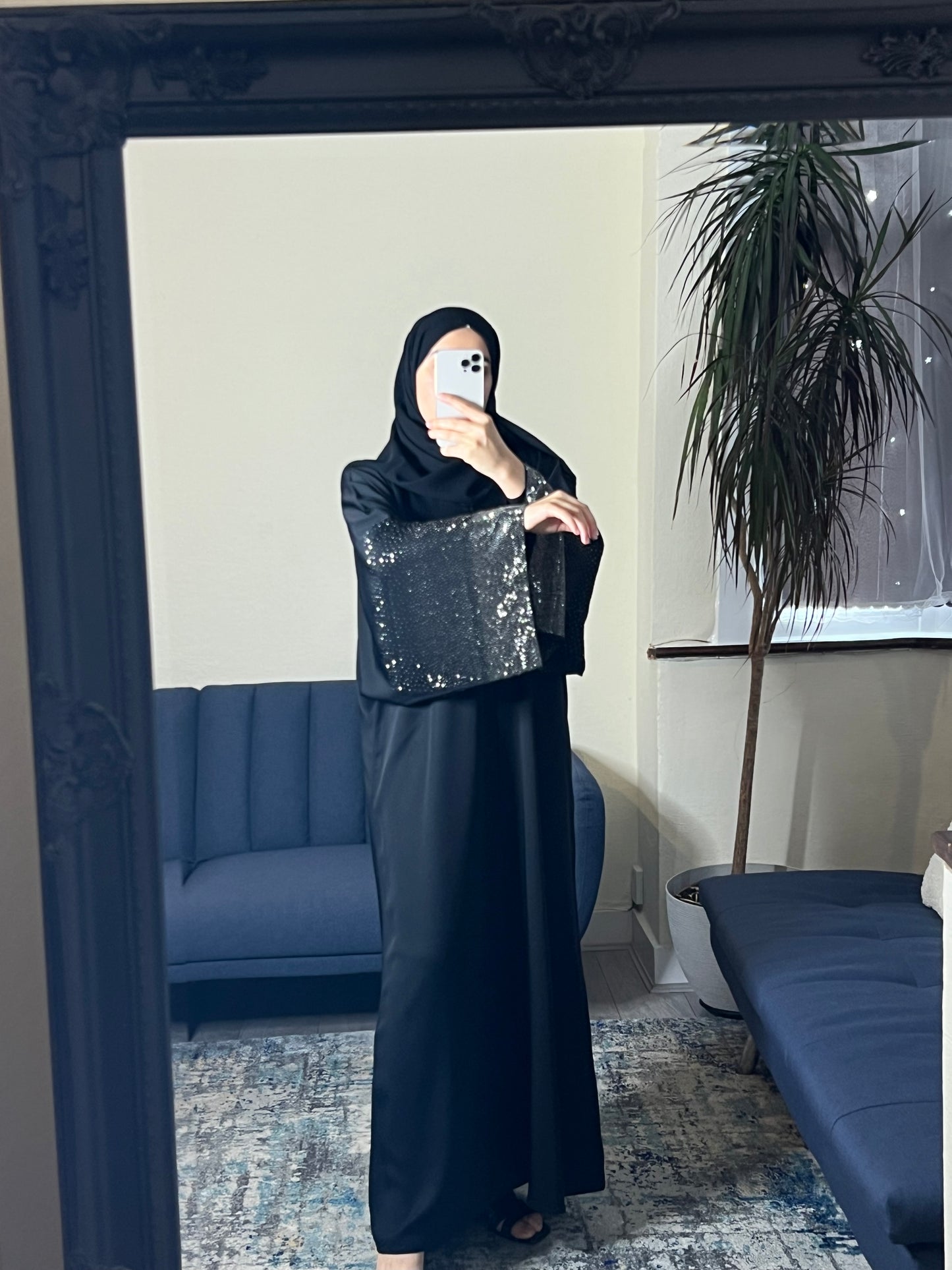 Black Abaya with Silver Sequin Sleeves