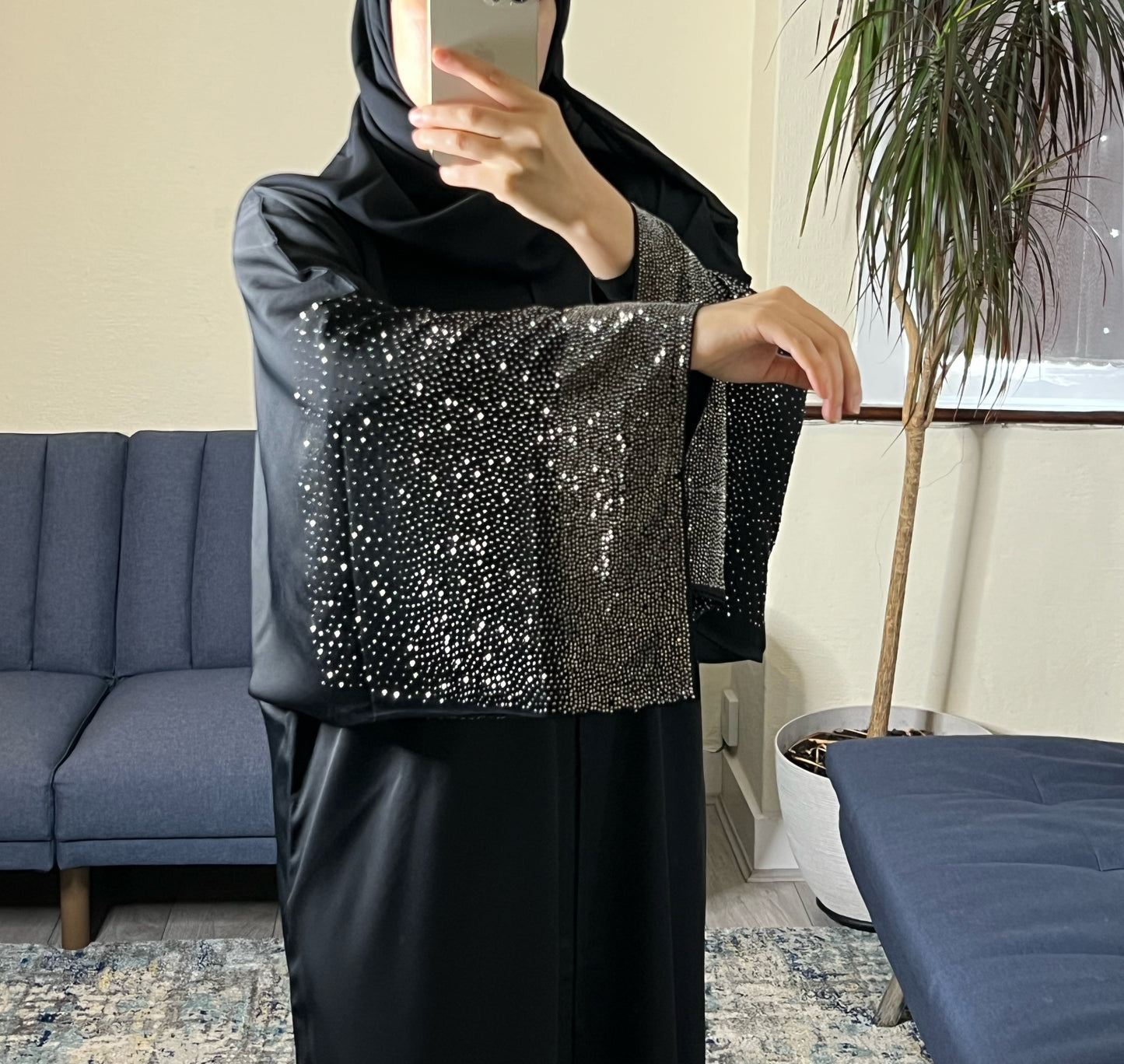 Black Abaya with Silver Sequin Sleeves