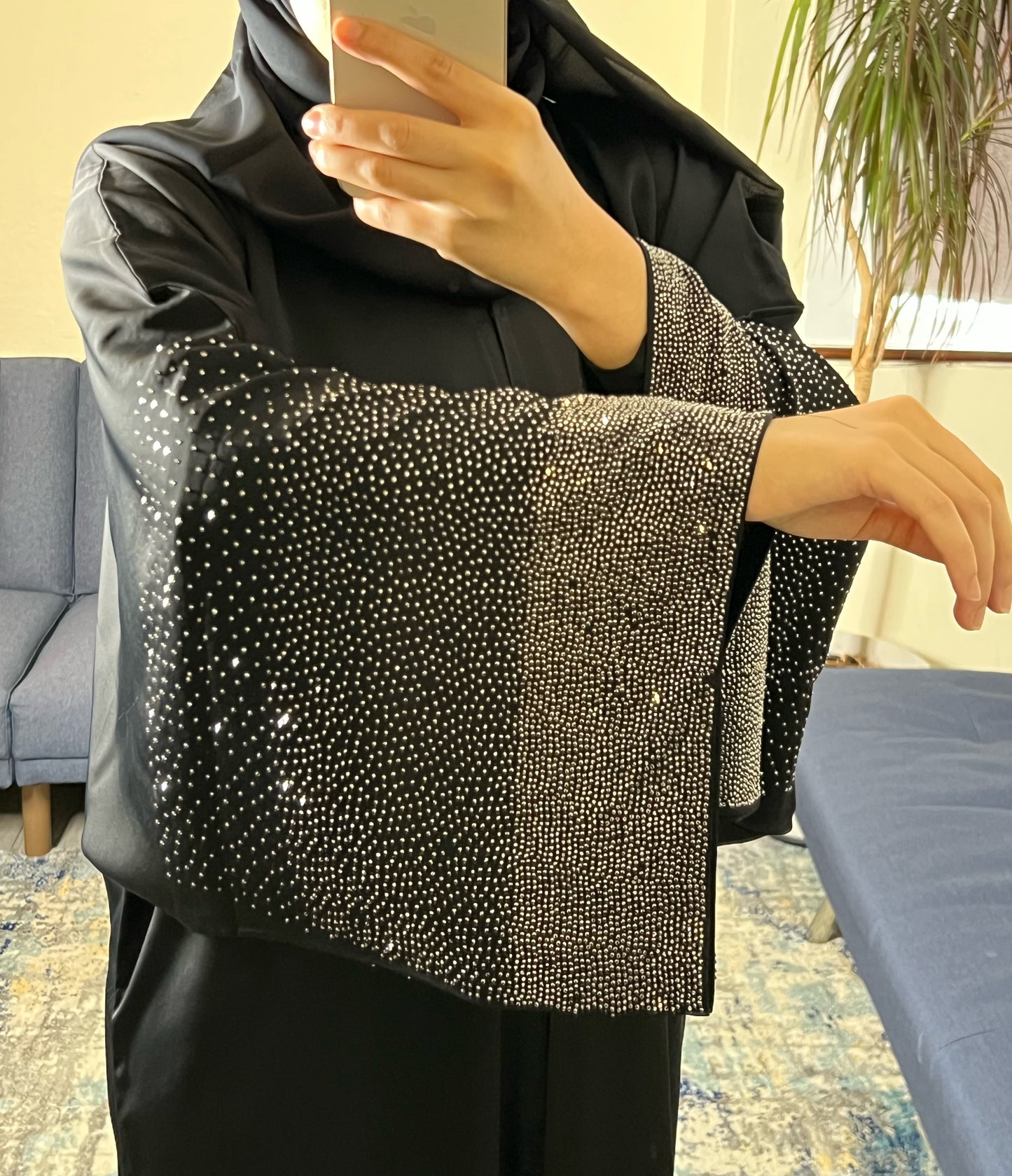 Black Abaya with Silver Sequin Sleeves