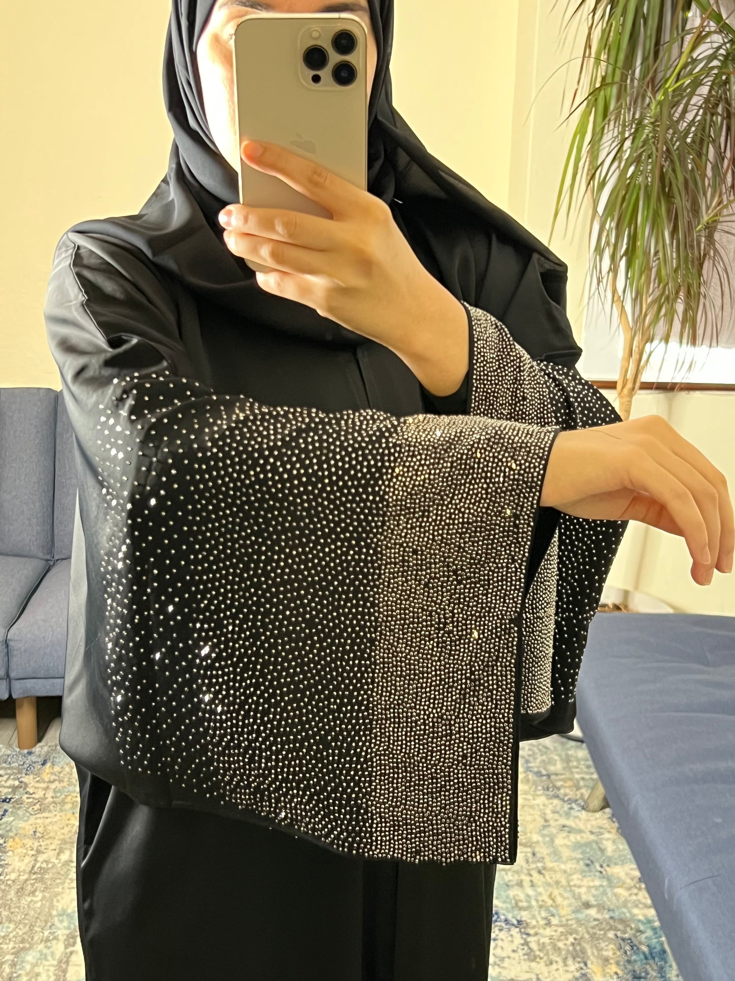 Black Abaya with Silver Sequin Sleeves