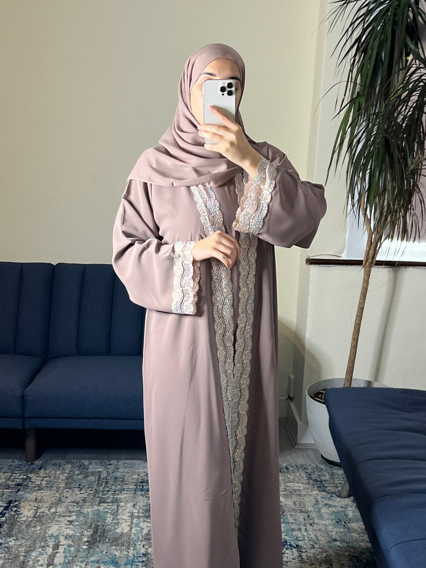 Taupe Abaya with Gold Lace Detailing