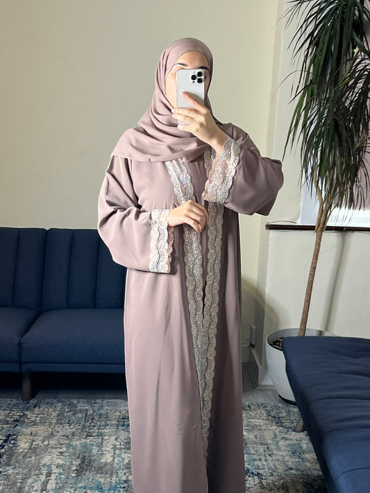 Taupe Abaya with Gold Lace Detailing