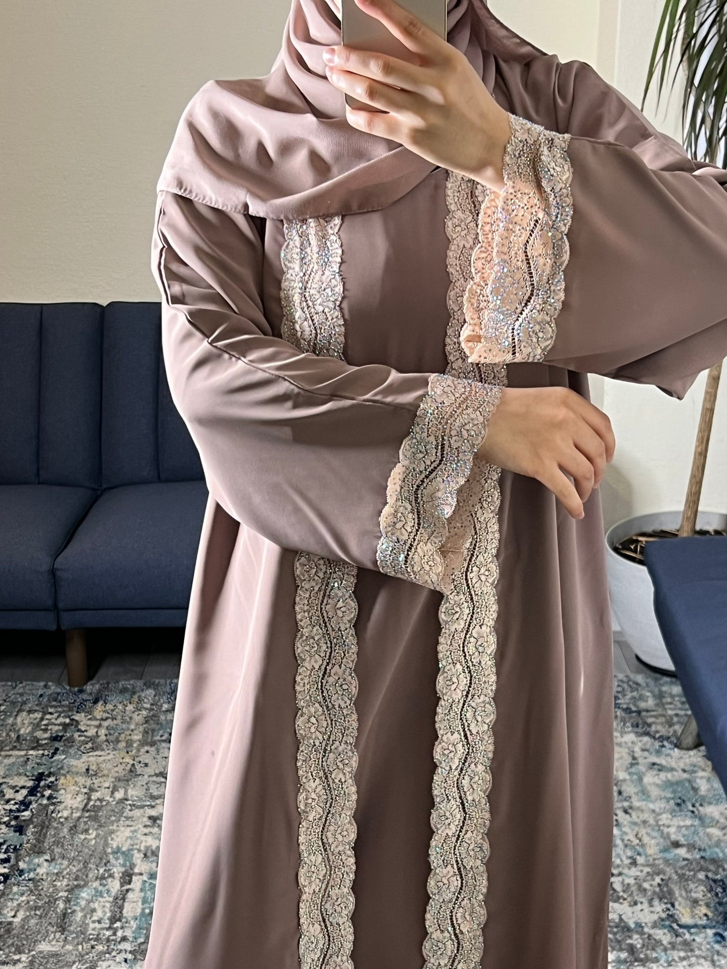 Taupe Abaya with Gold Lace Detailing