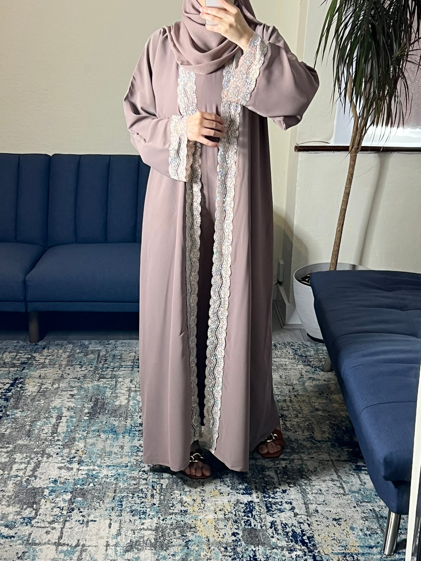 Taupe Abaya with Gold Lace Detailing