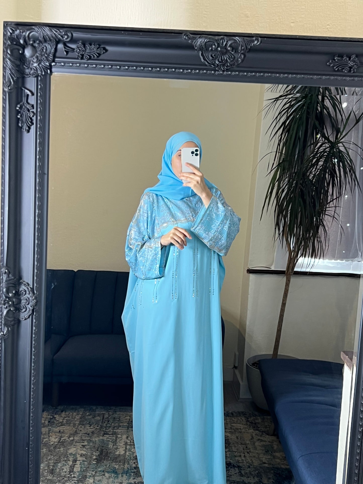 Sky Blue Lace Embellished Abaya