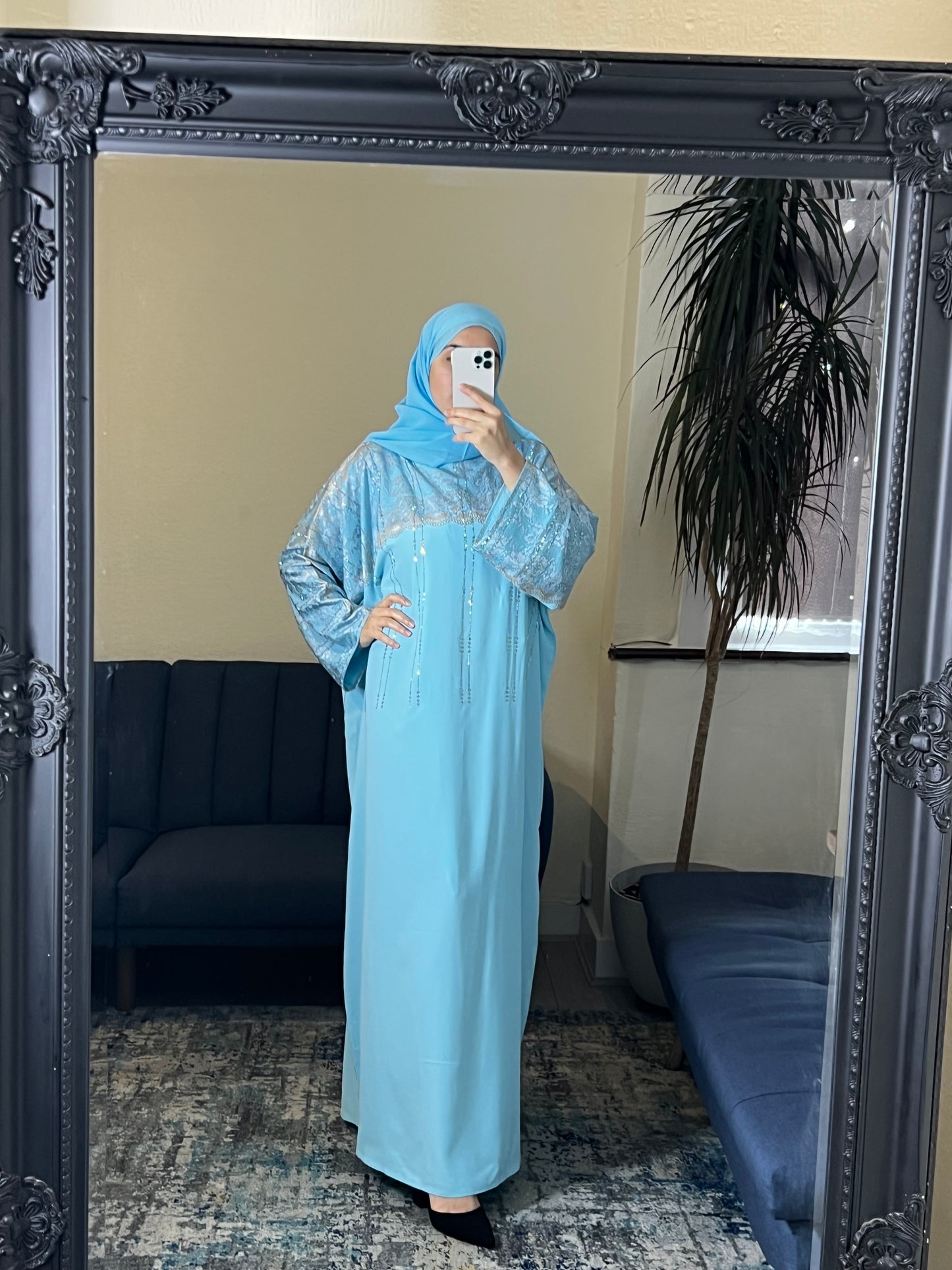 Sky Blue Lace Embellished Abaya
