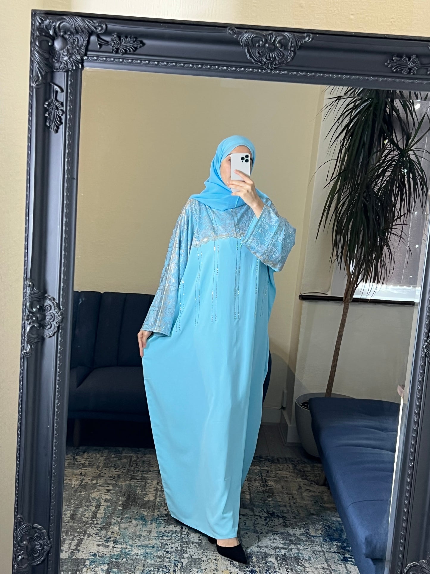 Sky Blue Lace Embellished Abaya