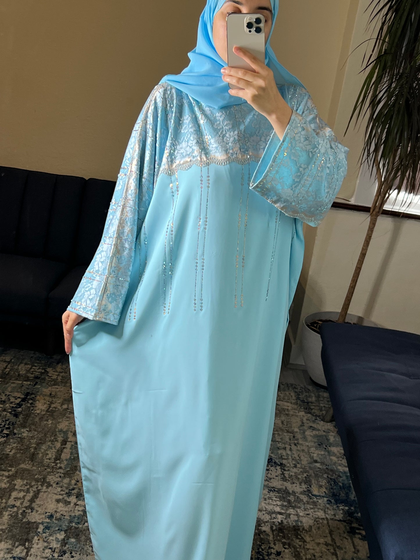 Sky Blue Lace Embellished Abaya