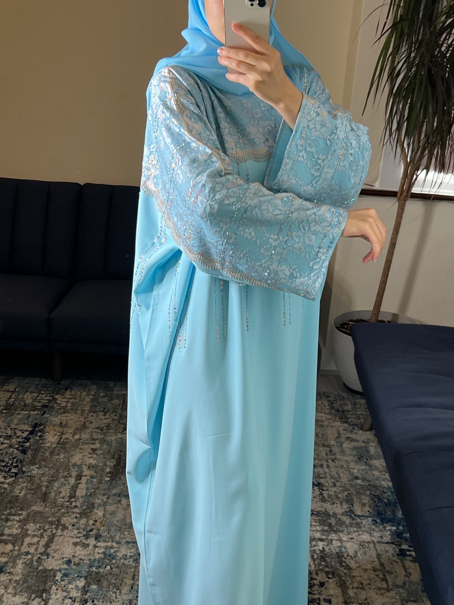 Sky Blue Lace Embellished Abaya
