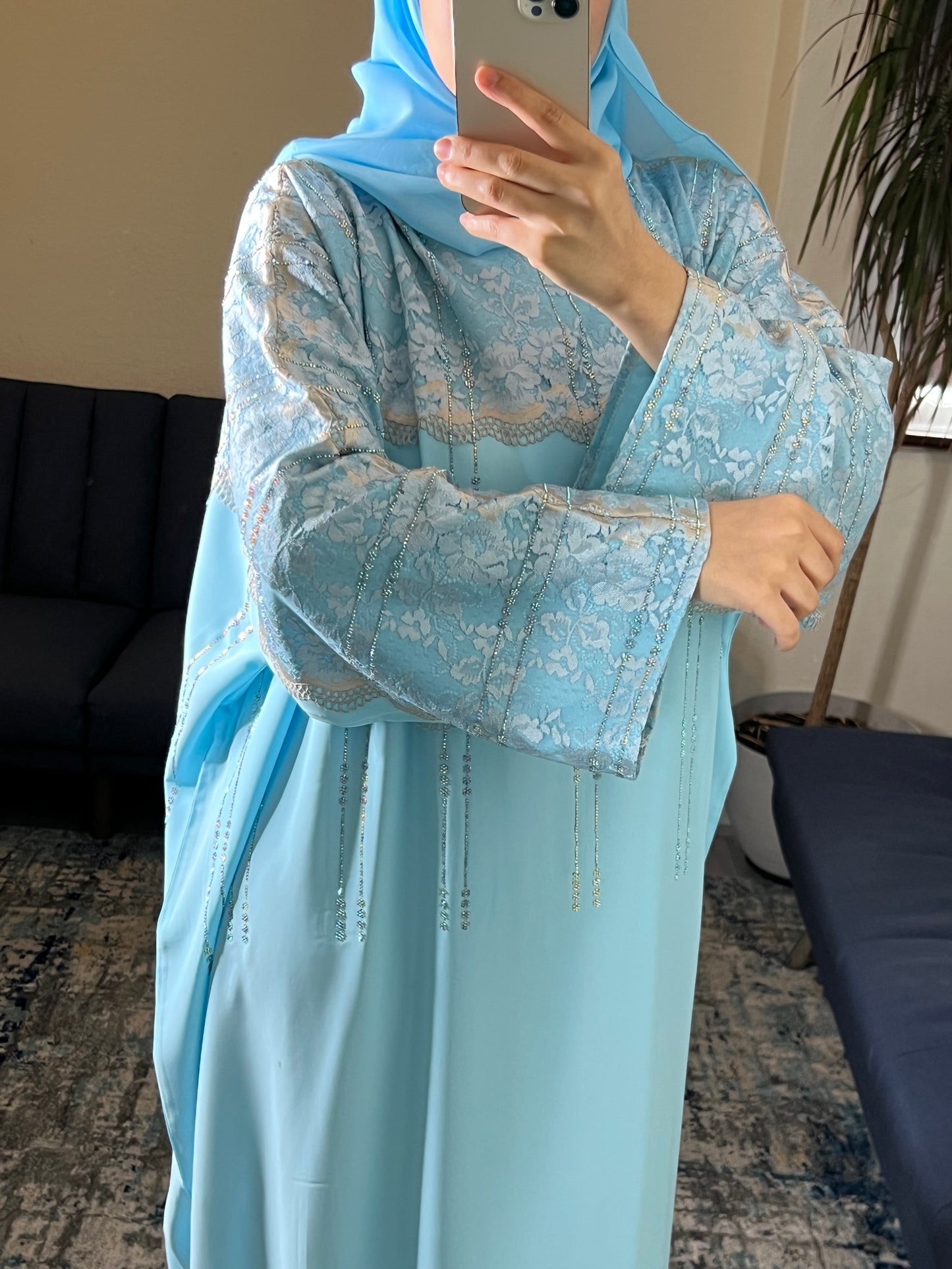 Sky Blue Lace Embellished Abaya