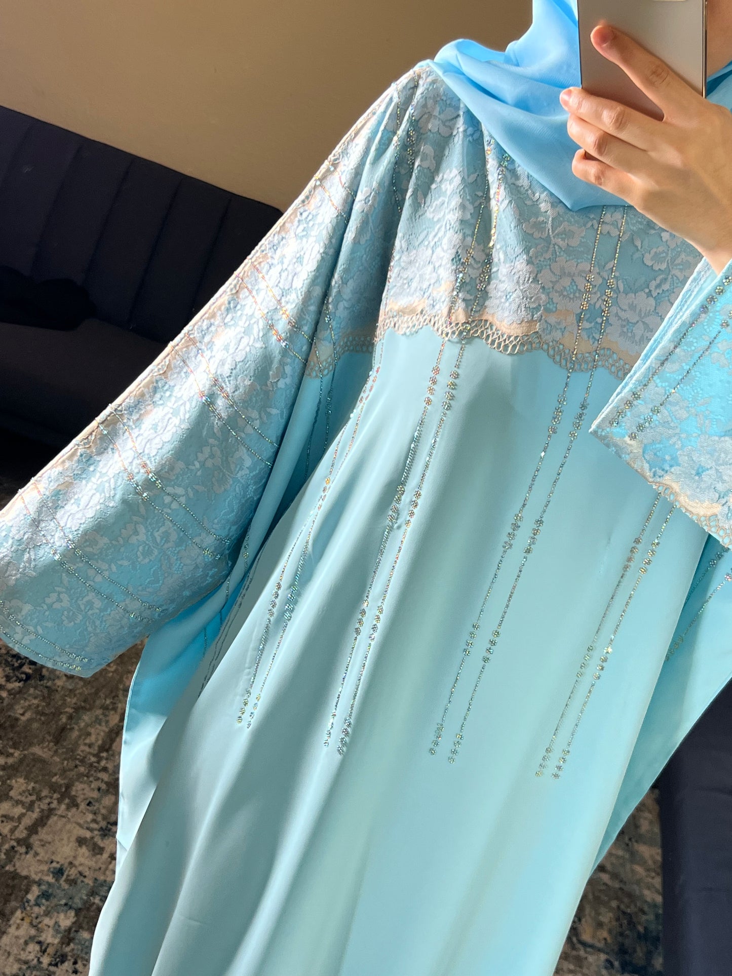 Sky Blue Lace Embellished Abaya