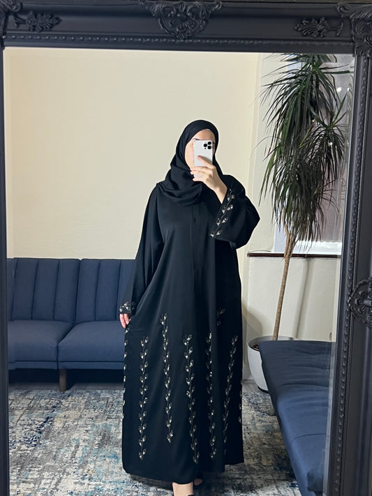 Black Embellished Abaya with Silver Leaf Detail