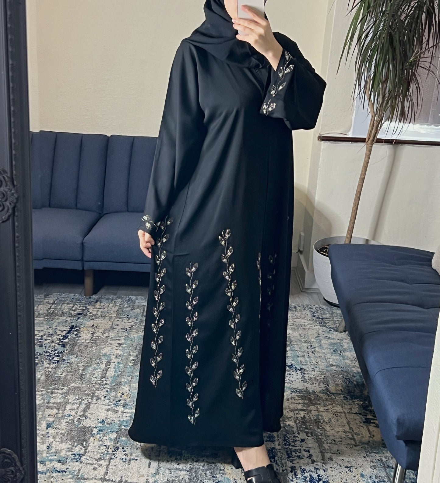 Black Embellished Abaya with Silver Leaf Detail