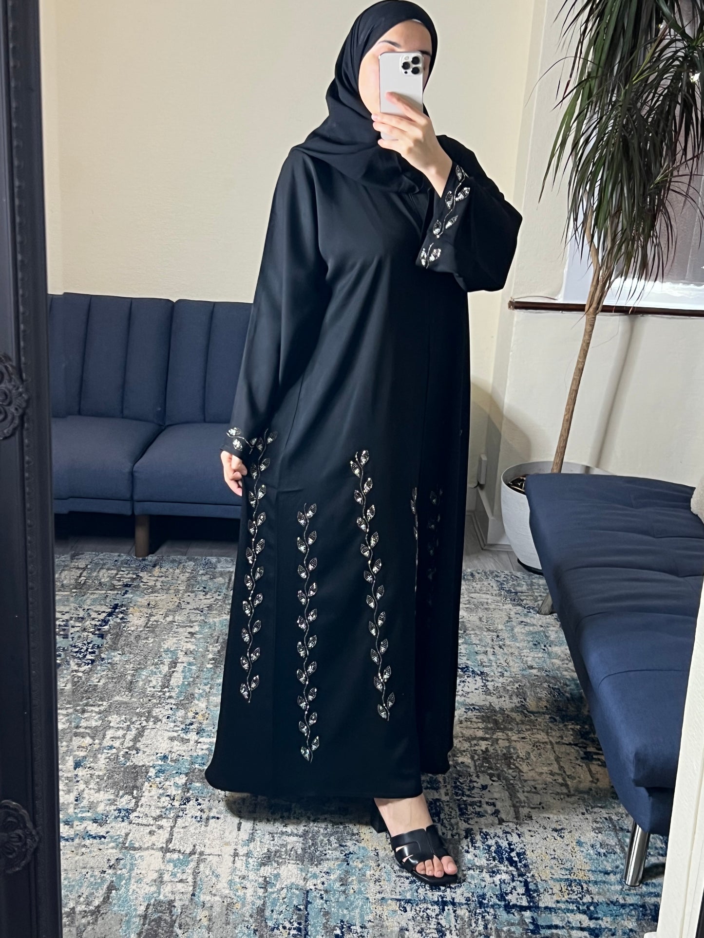 Black Embellished Abaya with Silver Leaf Detail