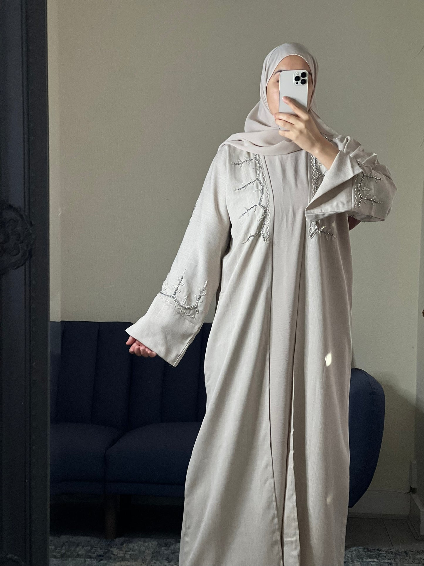 Beige Two-Piece Abaya Set with Scarf & Belt