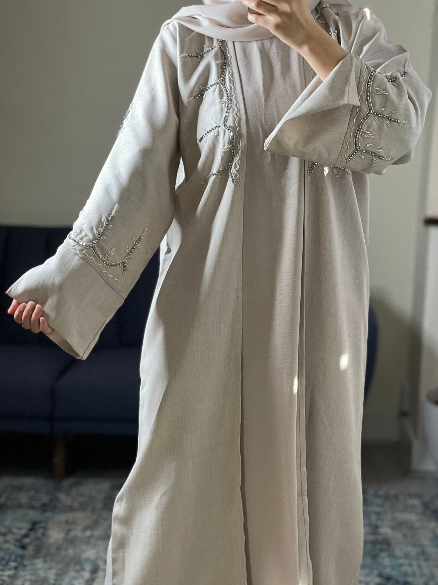 Beige Two-Piece Abaya Set with Scarf & Belt