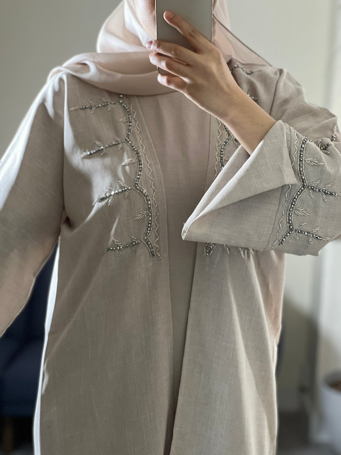 Beige Two-Piece Abaya Set with Scarf & Belt