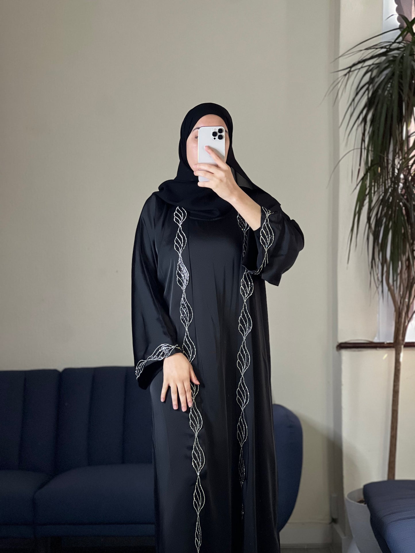 Elegant Black Abaya with White Embroidered Detail