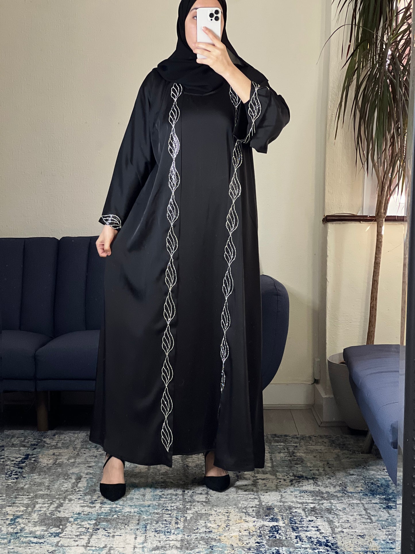 Elegant Black Abaya with White Embroidered Detail