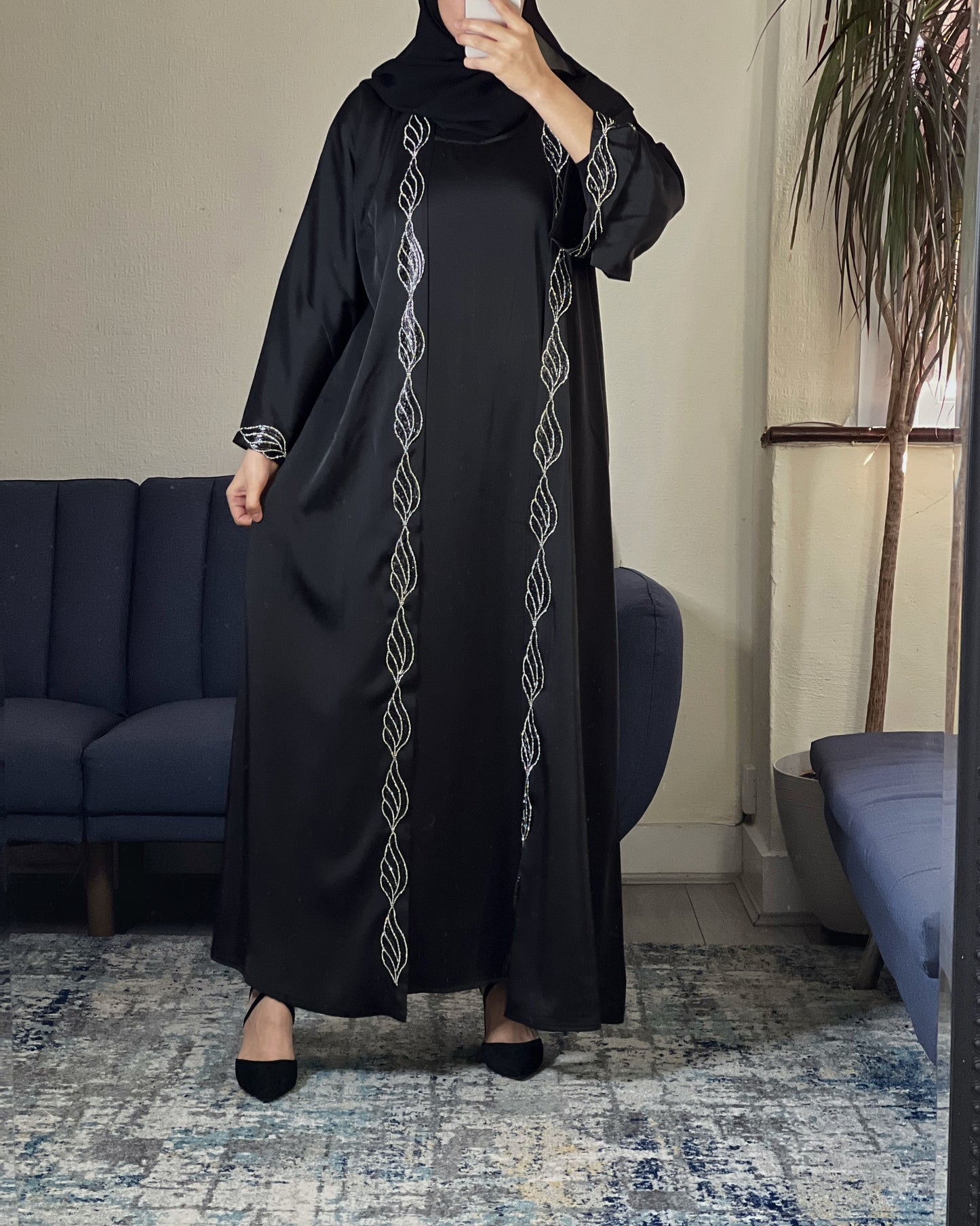 Elegant Black Abaya with White Embroidered Detail